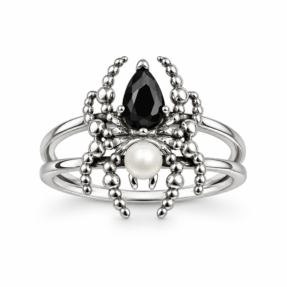 A silver spider ring featuring a faceted black teardrop gemstone, a round white pearl, and textured silver bead-like spider legs, set against a plain white background.