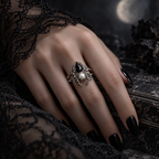 A gothic-style silver ring with a black teardrop gemstone, a central white pearl, and dangling filigree details, shown on a hand with black manicured nails and black lace.