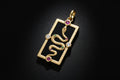 Gold pendant with colorful gemstones on a white background