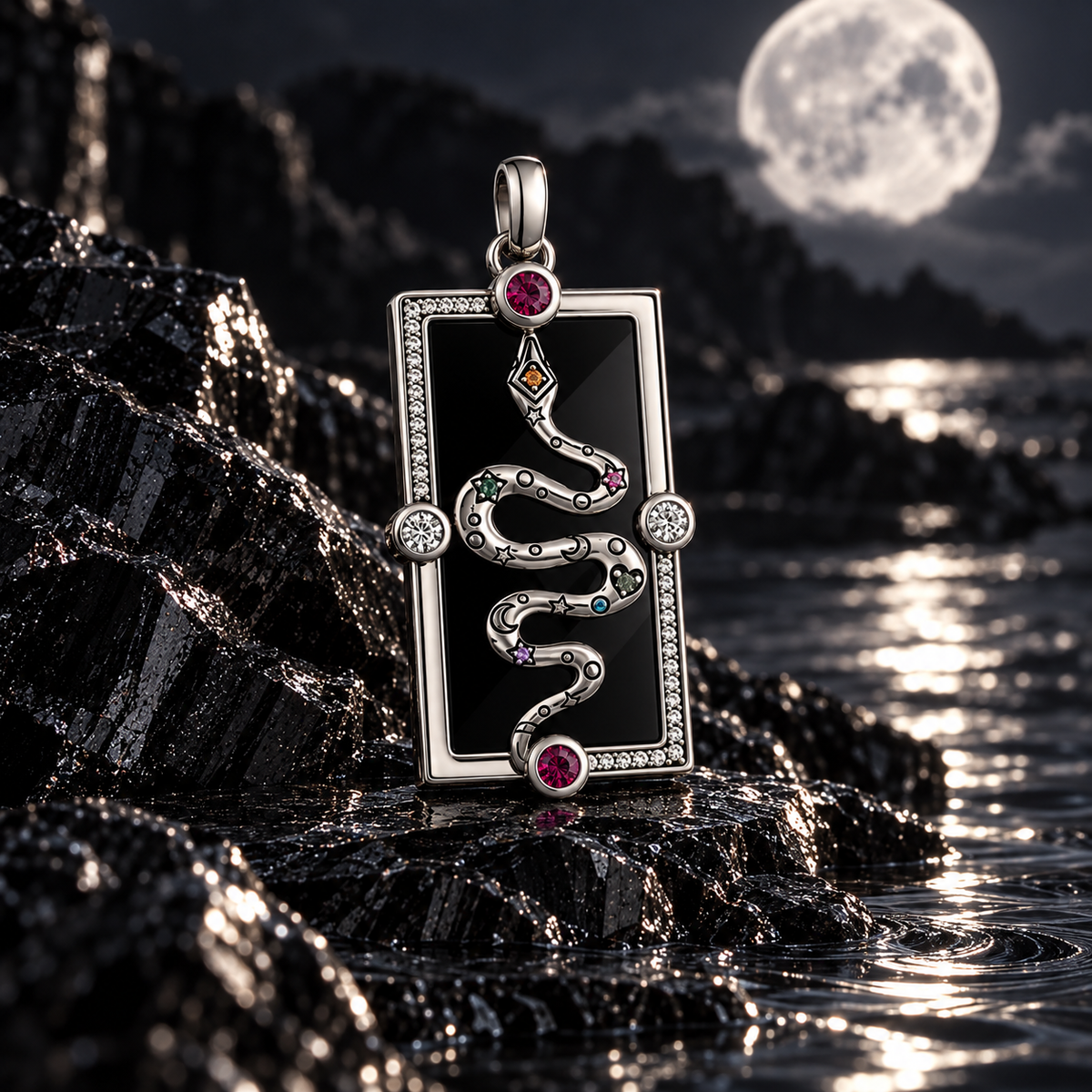 BLACK MIRROR — moonlit square view of Noctara jewelry