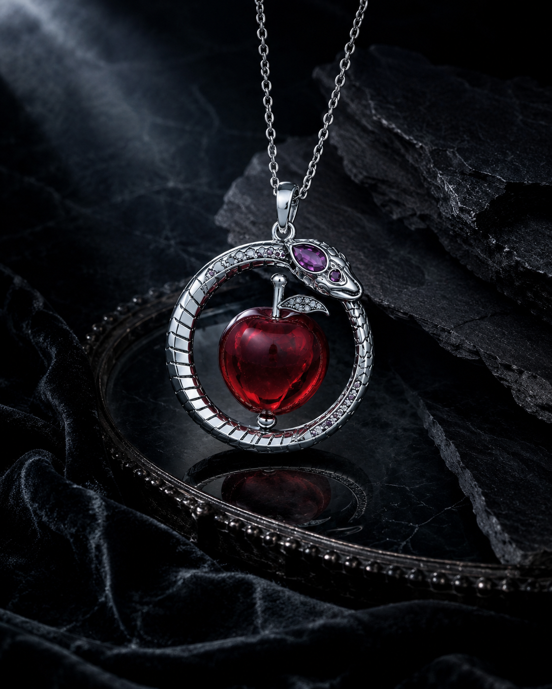EDEN II silver ouroboros and red apple pendant on dark mirror