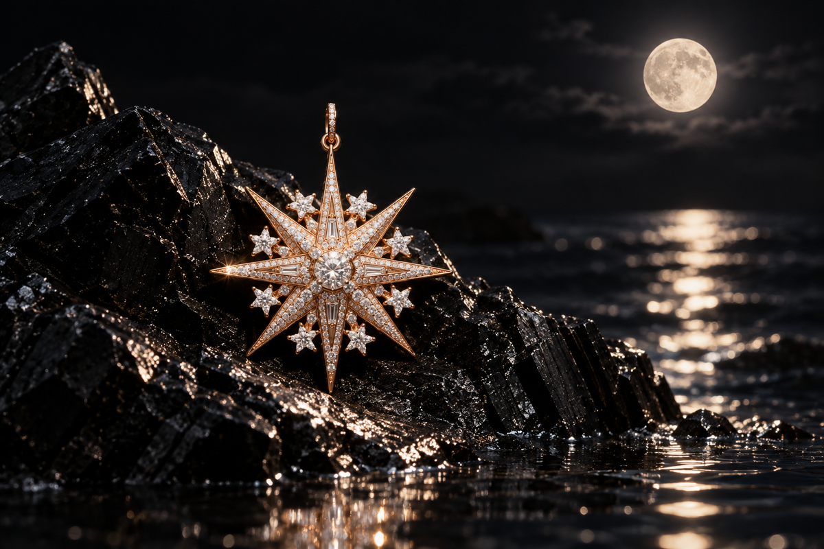 THE MORNING STAR — moonlit hero view of Noctara jewelry