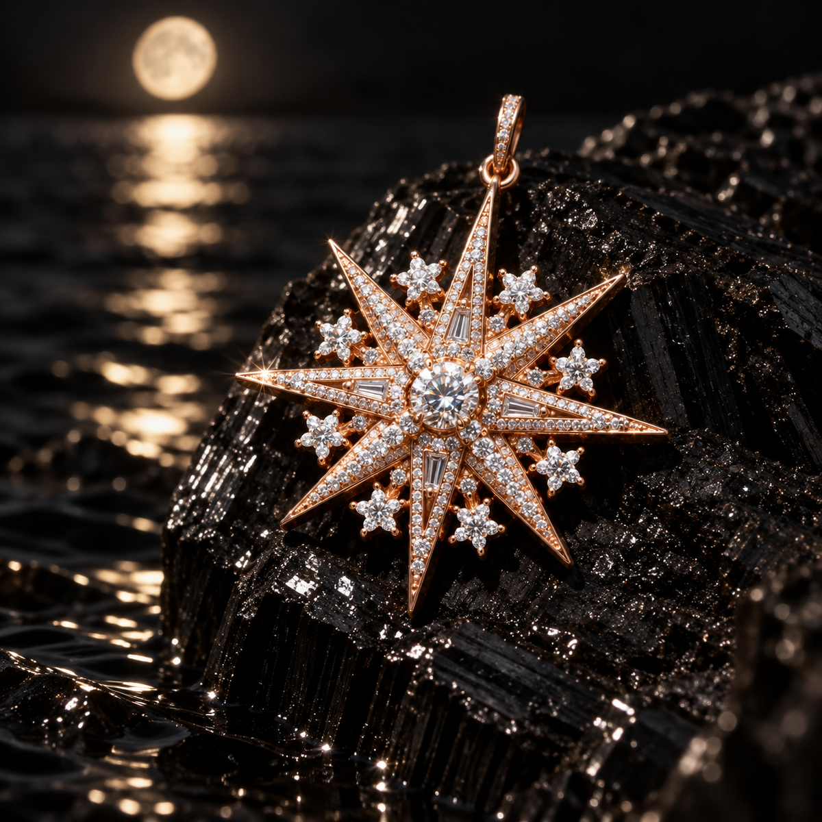 THE MORNING STAR — moonlit square view of Noctara jewelry
