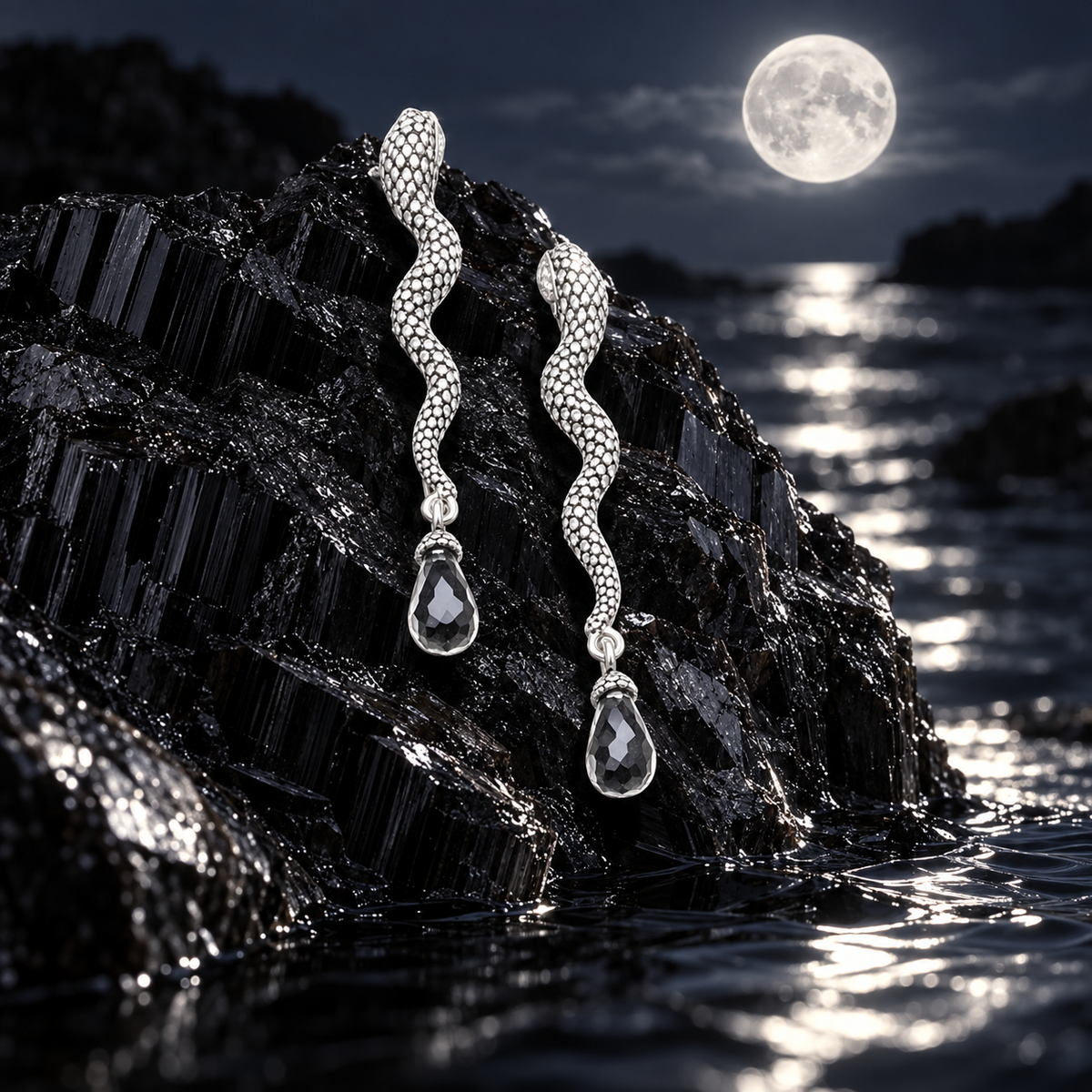 SERPENT FALL — moonlit square view of Noctara jewelry